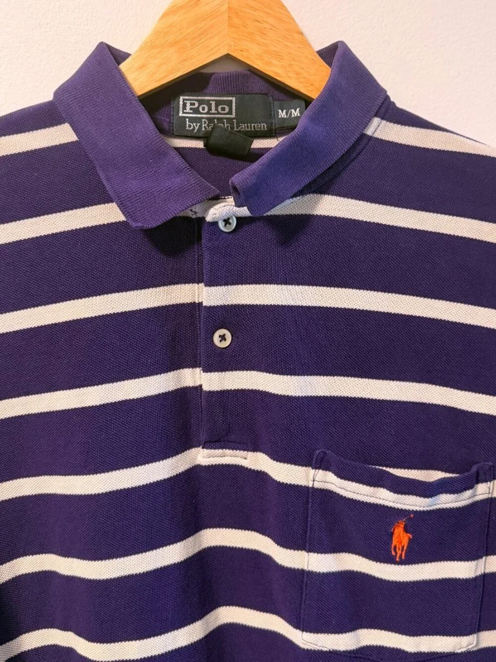 Polo by Ralph Lauren Short Sleeve Polo Shirt Purple White Striped Pocket Mens M